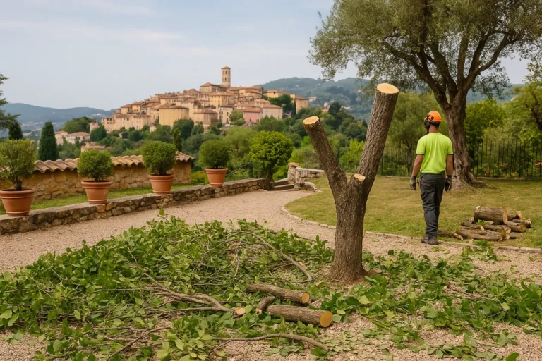 Elagage d'arbres dans un jardin a Grasse.