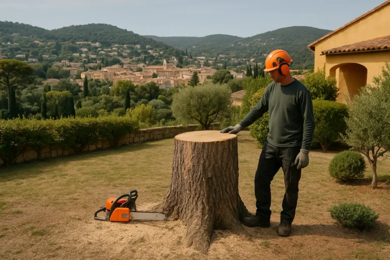 Arboriste et tronconneuse apres abattage