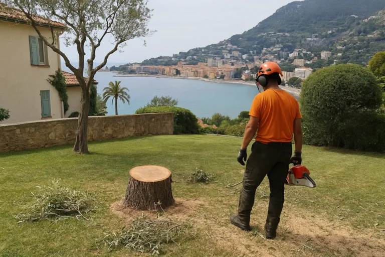 Paysage de Roquebrune avec un arboriste en action