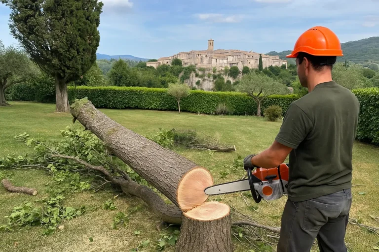 Elagage arbre avec village en arriere-plan