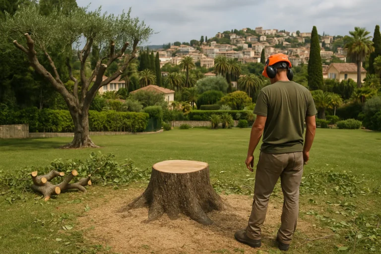 Un elagueur au Cannet apres l'abattage d'un arbre
